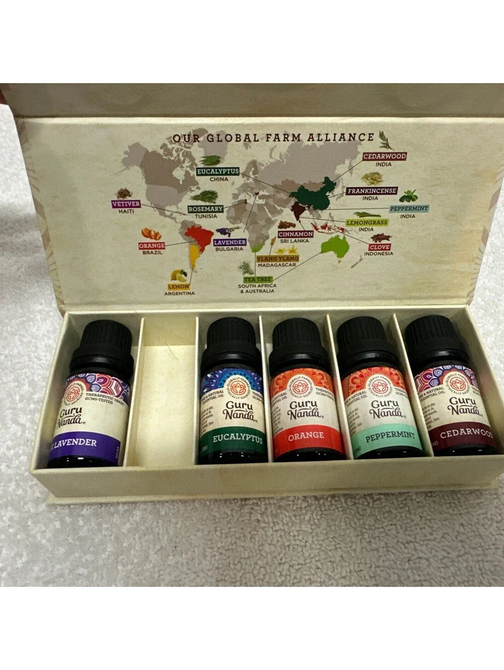 GURU NANDA 100% PURE ESSENTIAL OILS Used Set, 5 Bottles Included